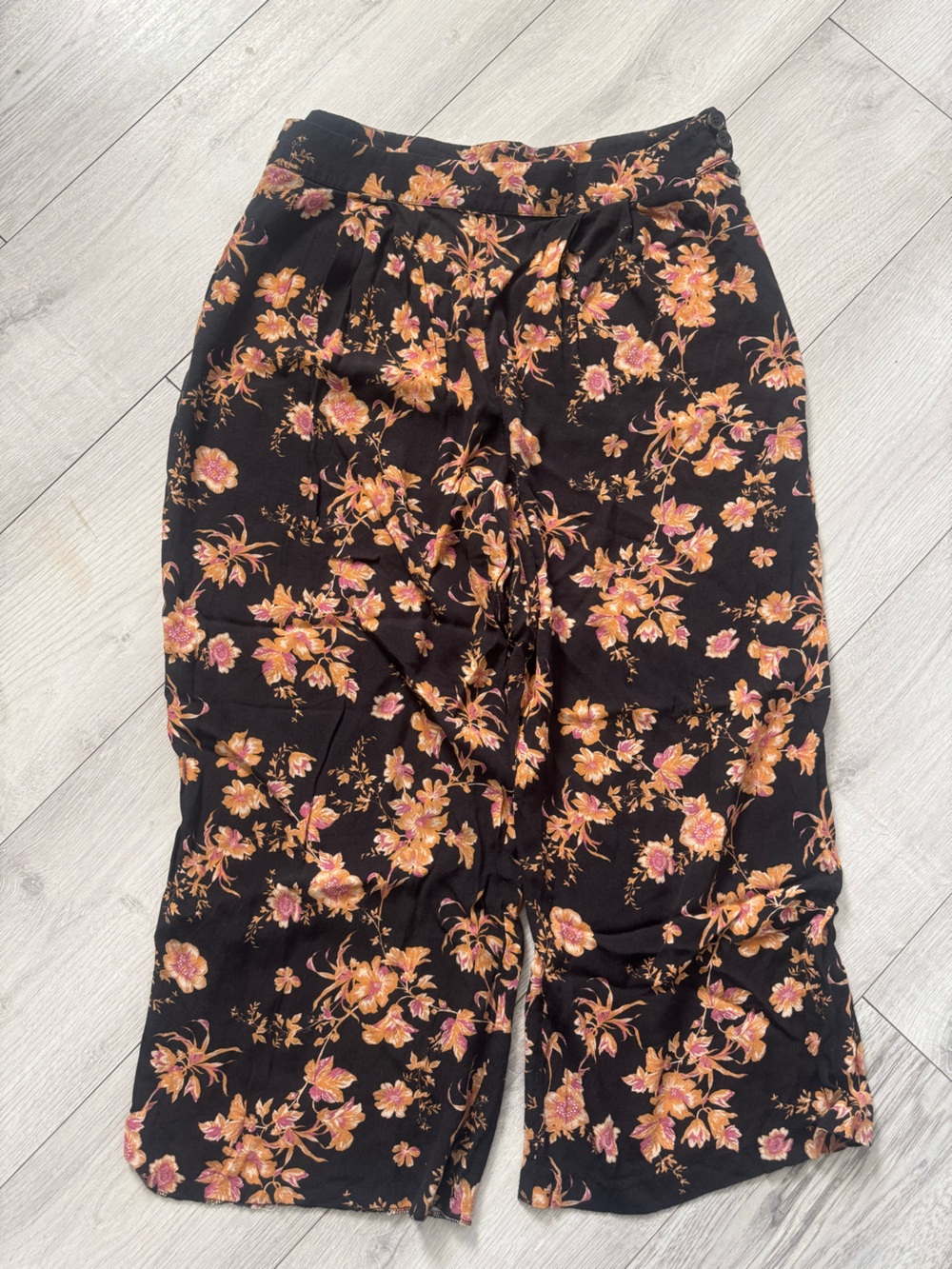 Anthropologie Floral Black cropped pants with Pink & Orange Blooms
